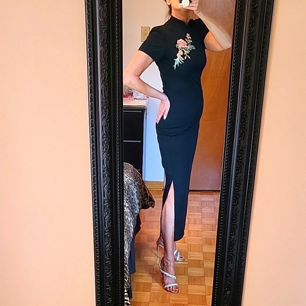Vintage Black Mandarin-Inspired Sheath Dress, Pink/Orange Floral Embroidery, 8 - Picture 7 of 16